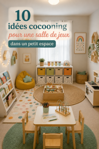 Un coin de jeux cosy dans une petite salle avec des couleurs douces et des rangements intégrés.