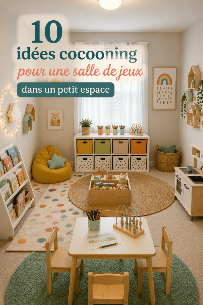Un coin de jeux cosy dans une petite salle avec des couleurs douces et des rangements intégrés.
