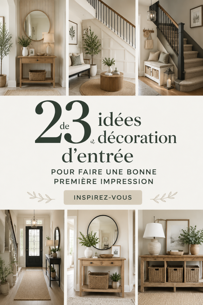 Entrée de maison élégamment décorée avec un meuble et des plantes.