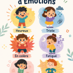 Un jeu de découpage coloré représentant des émotions, avec des ciseaux et des papiers découpés autour.