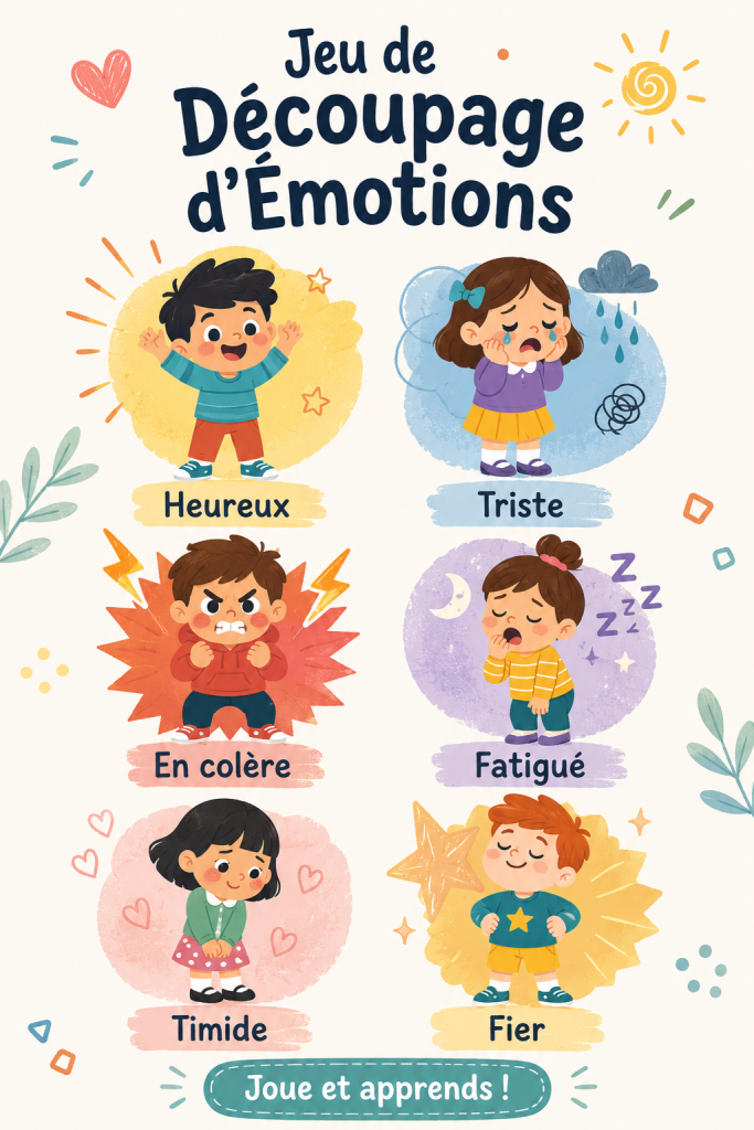 Un jeu de découpage coloré représentant des émotions, avec des ciseaux et des papiers découpés autour.