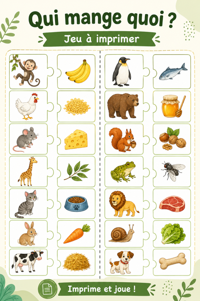 Un jeu à imprimer sur le thème 'qui mange quoi' avec des dessins colorés.
