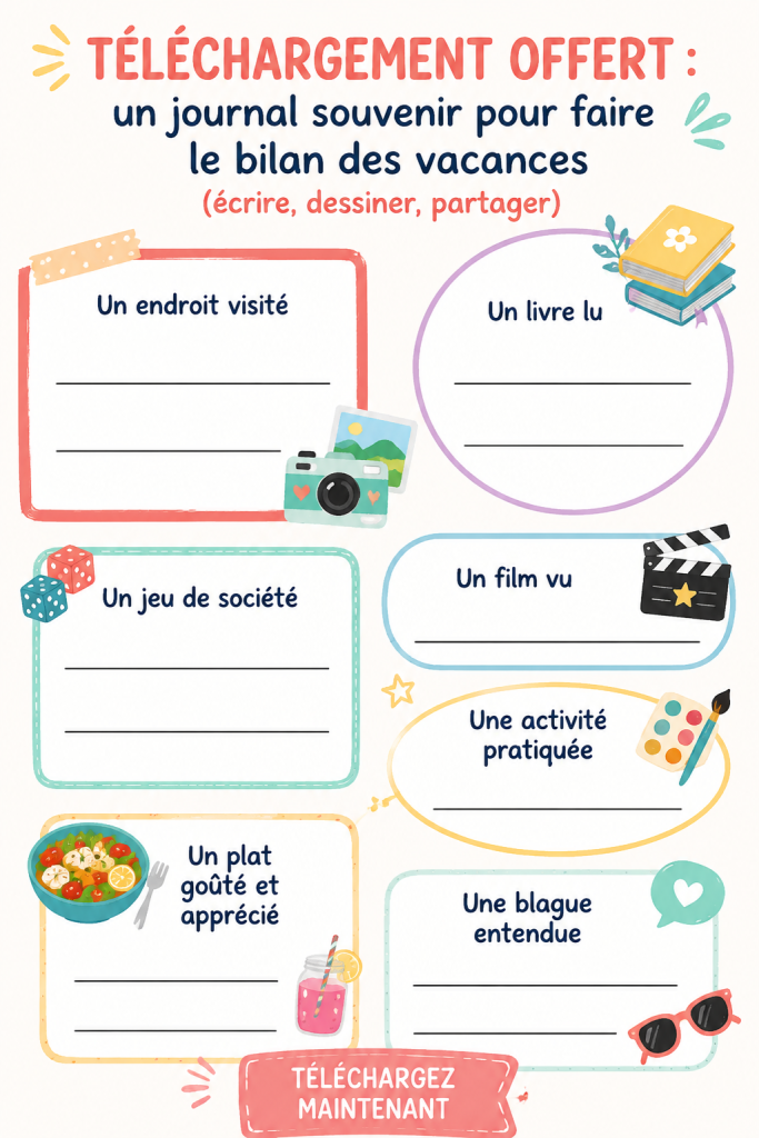 Modèle de journal souvenir à télécharger, présente des pages colorées pour écrire et dessiner.