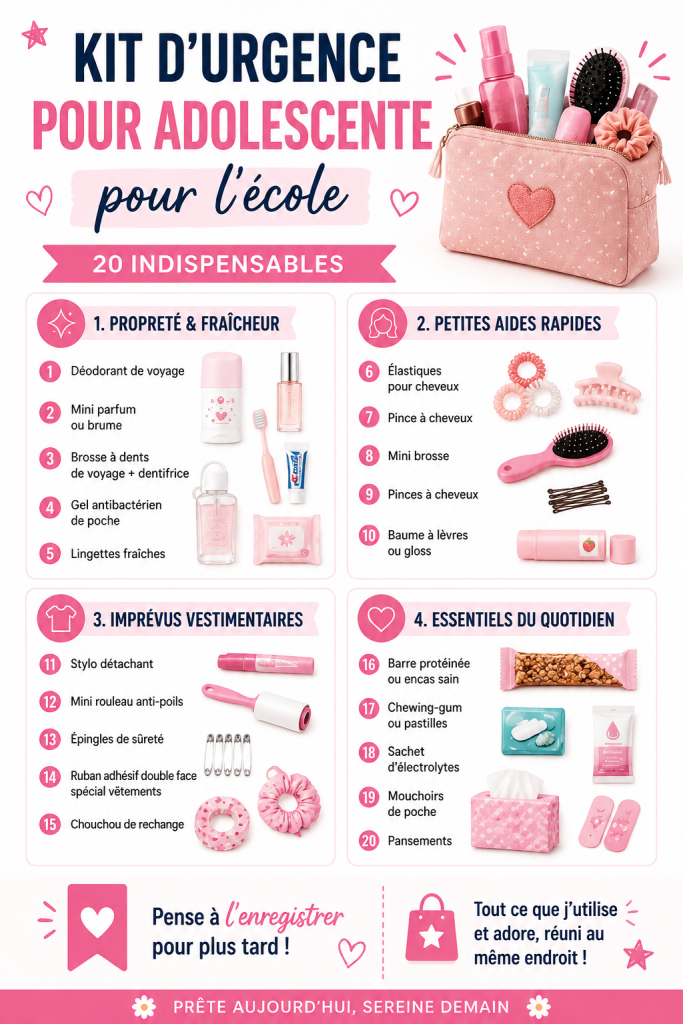 Kit d'urgence scolaire pour adolescentes avec des essentiels pratiques