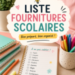 Liste de fournitures scolaires sur une table avec des stylos, un cahier et une trousse