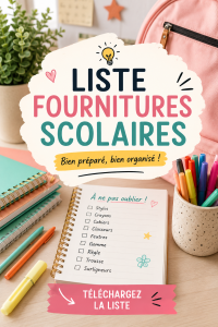 Liste de fournitures scolaires sur une table avec des stylos, un cahier et une trousse