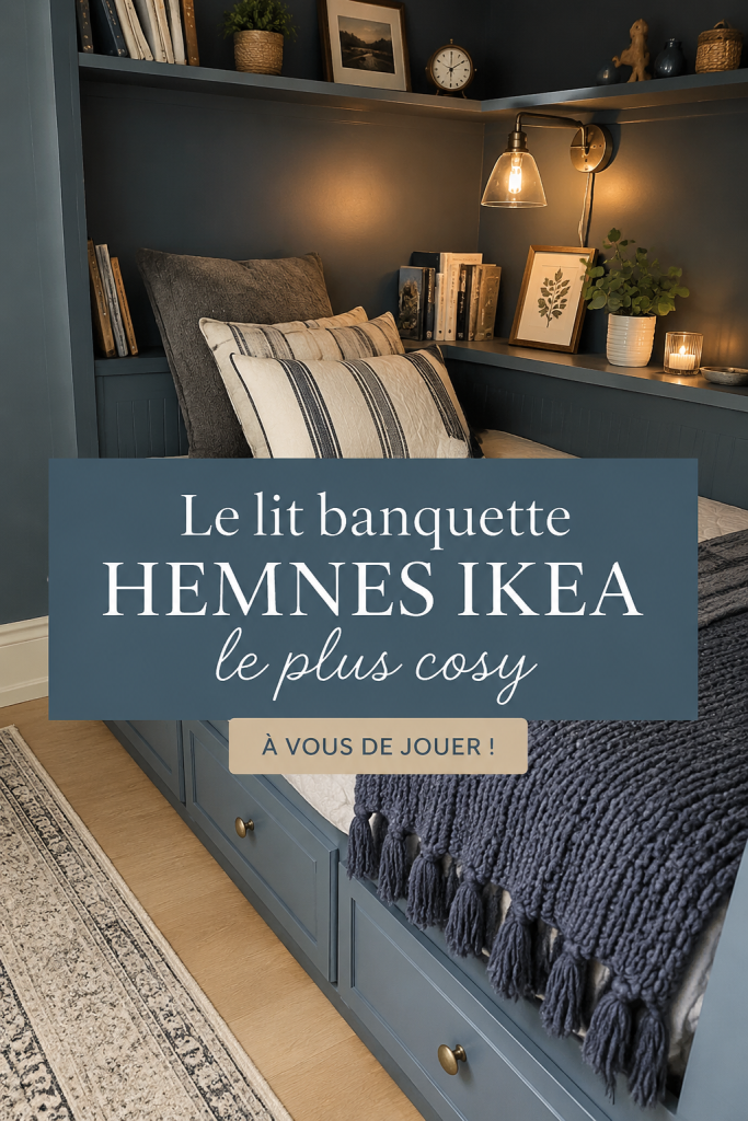 Un lit HEMNES IKEA joliment décoré avec des coussins et un plaid, créant une ambiance cosy.