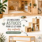 Un lit KURA d'IKEA transformé en espace ludique pour enfants, décoré de couleurs vives et d'éléments de jeu.