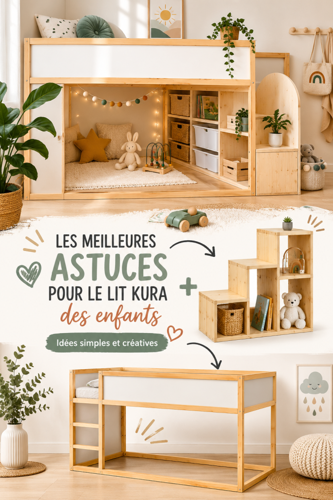 Un lit KURA d'IKEA transformé en espace ludique pour enfants, décoré de couleurs vives et d'éléments de jeu.