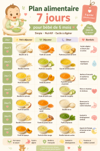 Repas sain pour un bébé de 6 mois, avec purée de légumes et fruits