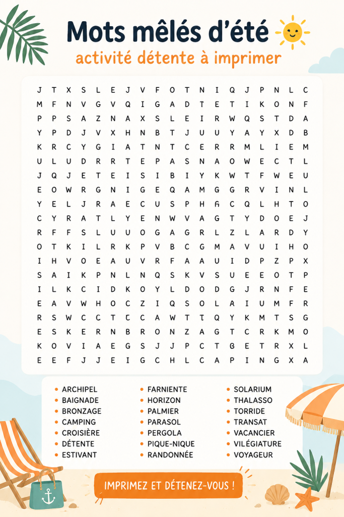 Une grille de mots mêlés sur fond estival