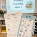 Pack de rentrée parental comprenant un mémo et des fiches de renseignements sur fond de bureau.