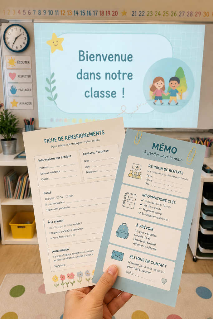 Pack de rentrée parental comprenant un mémo et des fiches de renseignements sur fond de bureau.