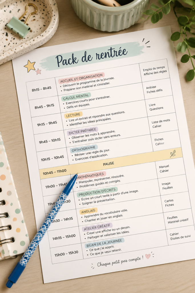 Image d'un pack de rentrée bien organisé avec fournitures scolaires