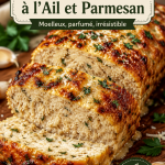 Photo d'un pain maison au poulet à l'ail et parmesan, chaud et doré sur la table.