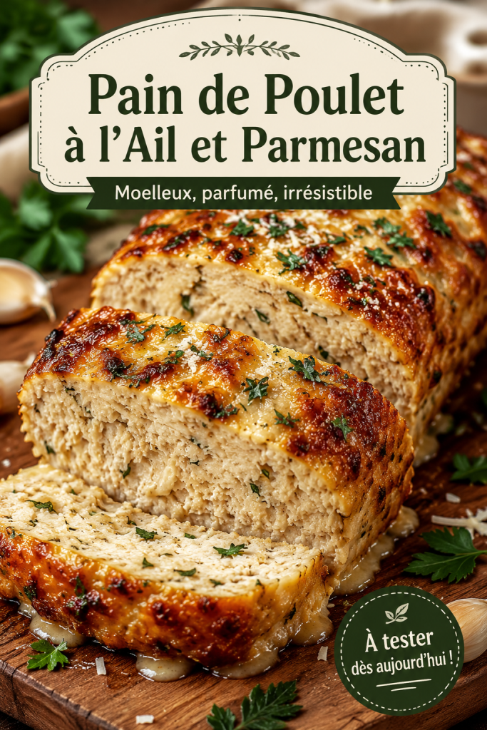 Photo d'un pain maison au poulet à l'ail et parmesan, chaud et doré sur la table.