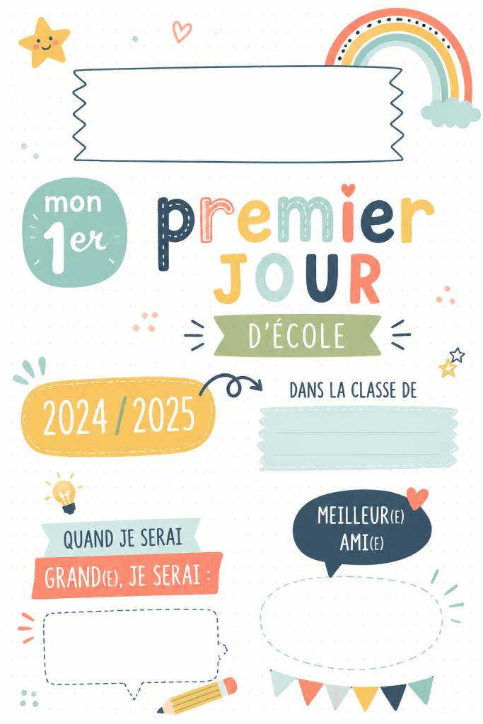 Pancarte personnalisée pour le premier jour d'école avec un enfant souriant