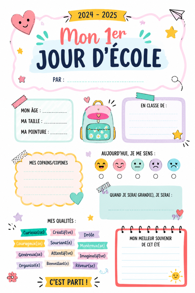 Pancarte colorée pour la rentrée 2024-2025 avec des motifs scolaires.