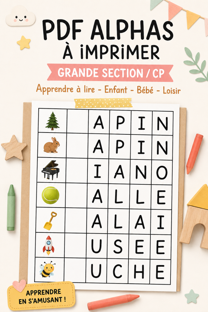 PDF d'activités Alphas pour enfants, illustré avec des lettres et des personnages ludiques.