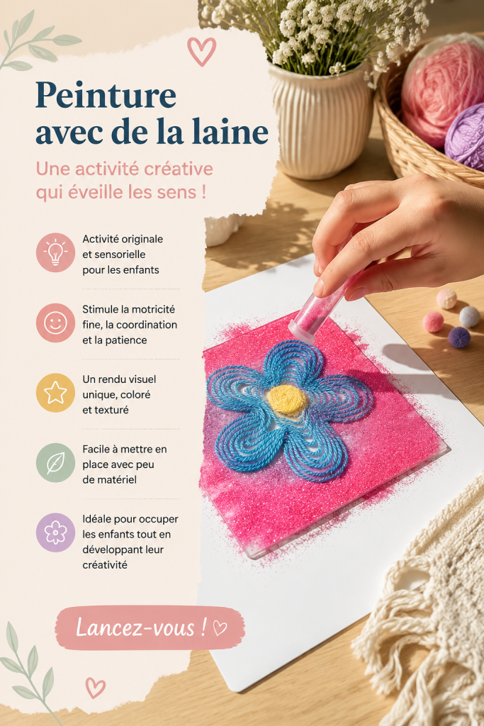 Enfants s'amusant à peindre avec de la laine, créant des œuvres colorées.