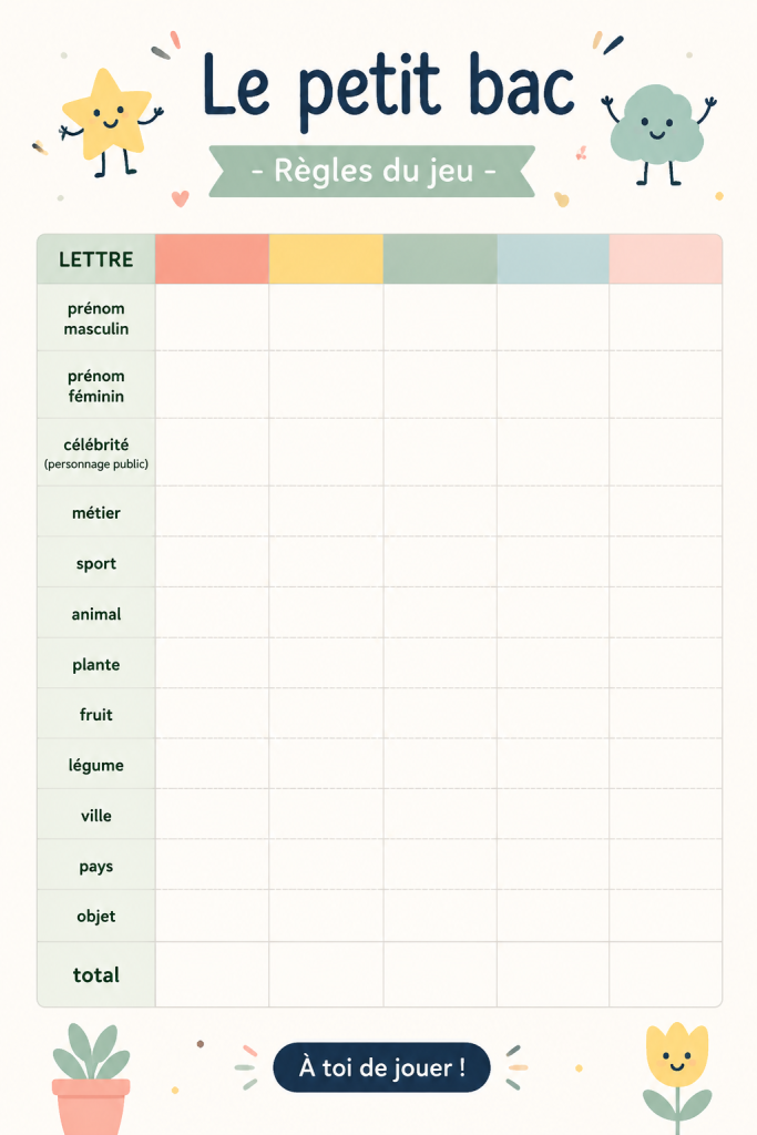 Une image d'un jeu de petit bac avec des lettres, illustrant son côté ludique et éducatif.
