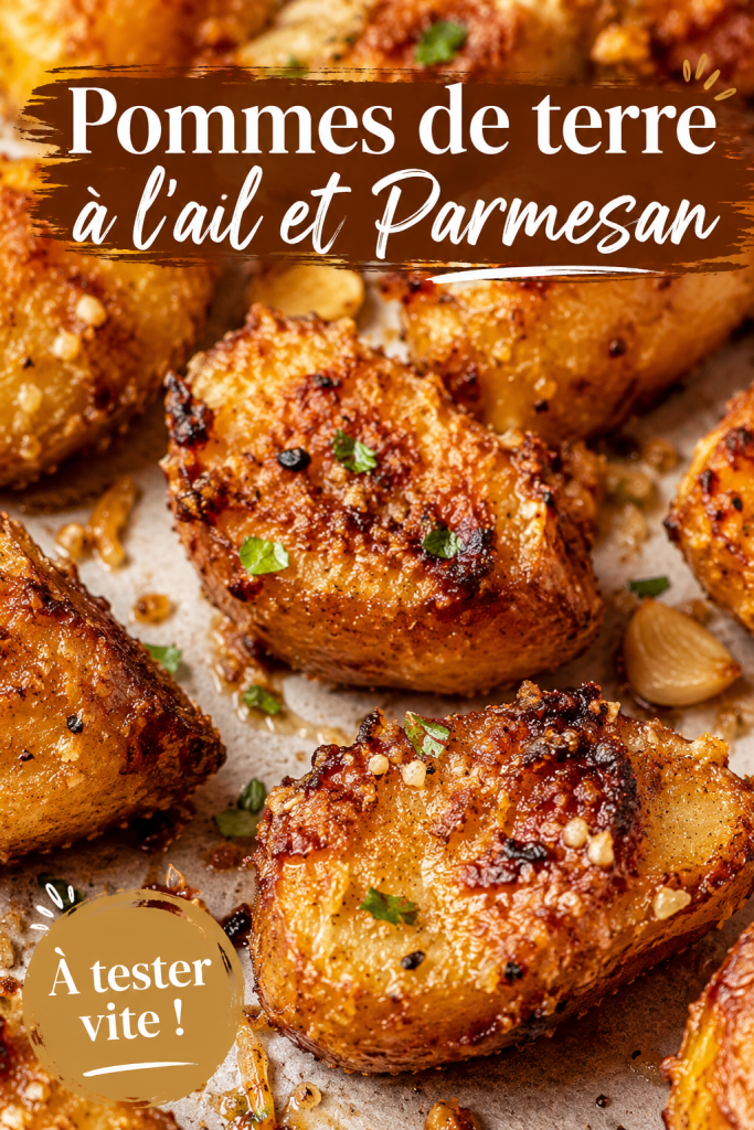 Pommes de terre croustillantes à l'ail et Parmesan, servies dans un plat élégant.