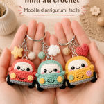 Porte-clés voiture au crochet mignon et coloré, sur fond neutre.