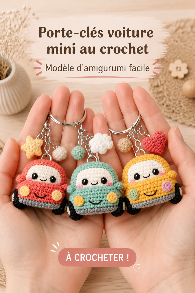 Porte-clés voiture au crochet mignon et coloré, sur fond neutre.