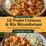 Recette de poulet crémeux avec du riz, prête sur une table familiale.