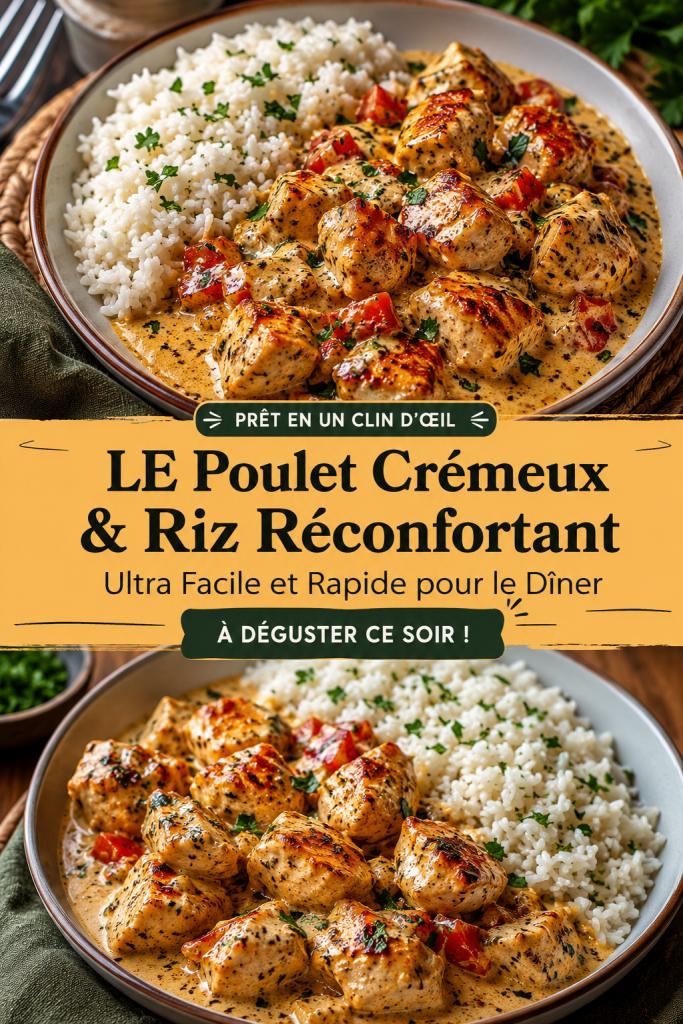 Recette de poulet crémeux avec du riz, prête sur une table familiale.