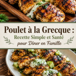 Un plat de poulet à la grecque, garnie de légumes frais et d'herbes aromatiques.