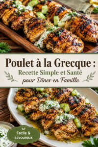 Un plat de poulet à la grecque, garnie de légumes frais et d'herbes aromatiques.