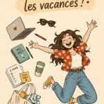 Un paysage de vacances relaxant montrant une plage ensoleillée et des familles en vacances.