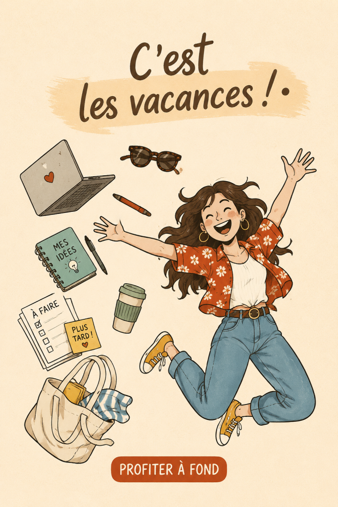 Un paysage de vacances relaxant montrant une plage ensoleillée et des familles en vacances.