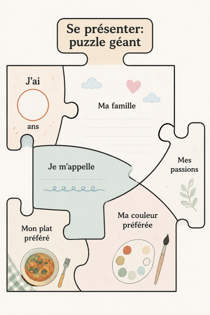 Un groupe de personnes utilisant un puzzle géant pour se présenter lors d'un événement.