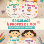 Enfants réalisant un projet artistique "Moi" à imprimer, entourés de crayons et de créations.