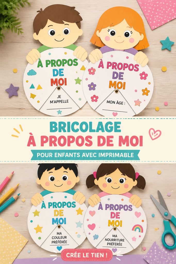 Enfants réalisant un projet artistique "Moi" à imprimer, entourés de crayons et de créations.