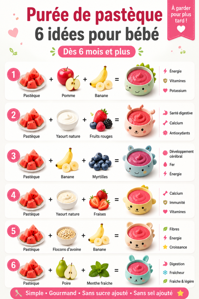 Une purée de pastèque faite maison servie dans un bol pour bébé, avec une cuillère.