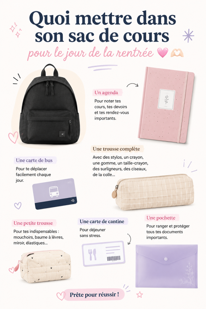 Sac d'école préparé pour la rentrée avec fournitures et livres