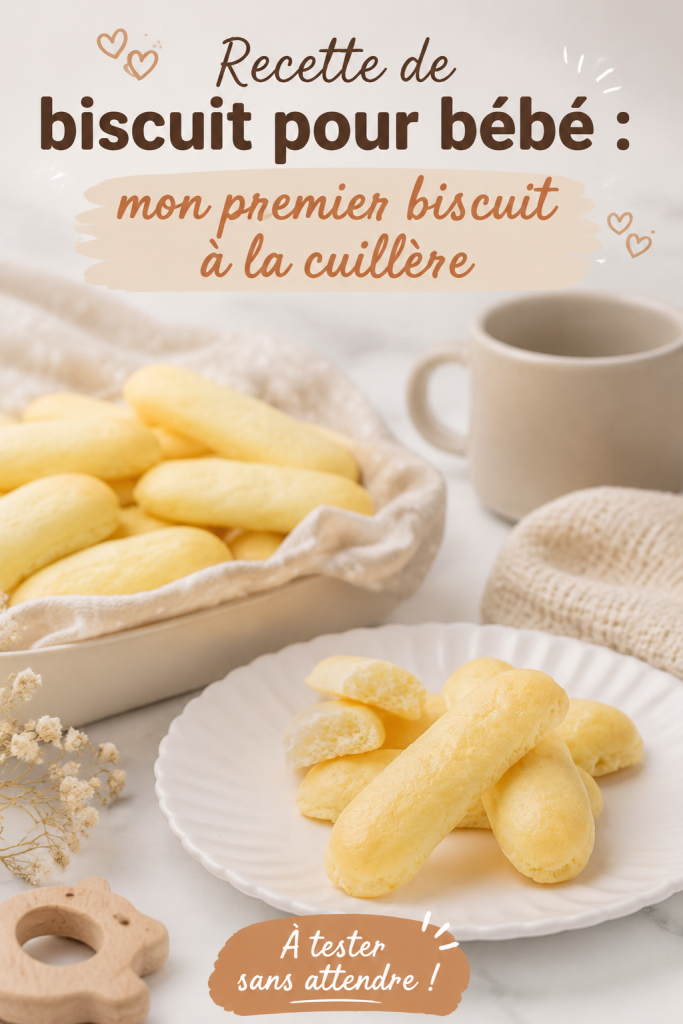 Recette de biscuits maison pour bébé à la cuillère, présentée sur une table en bois.