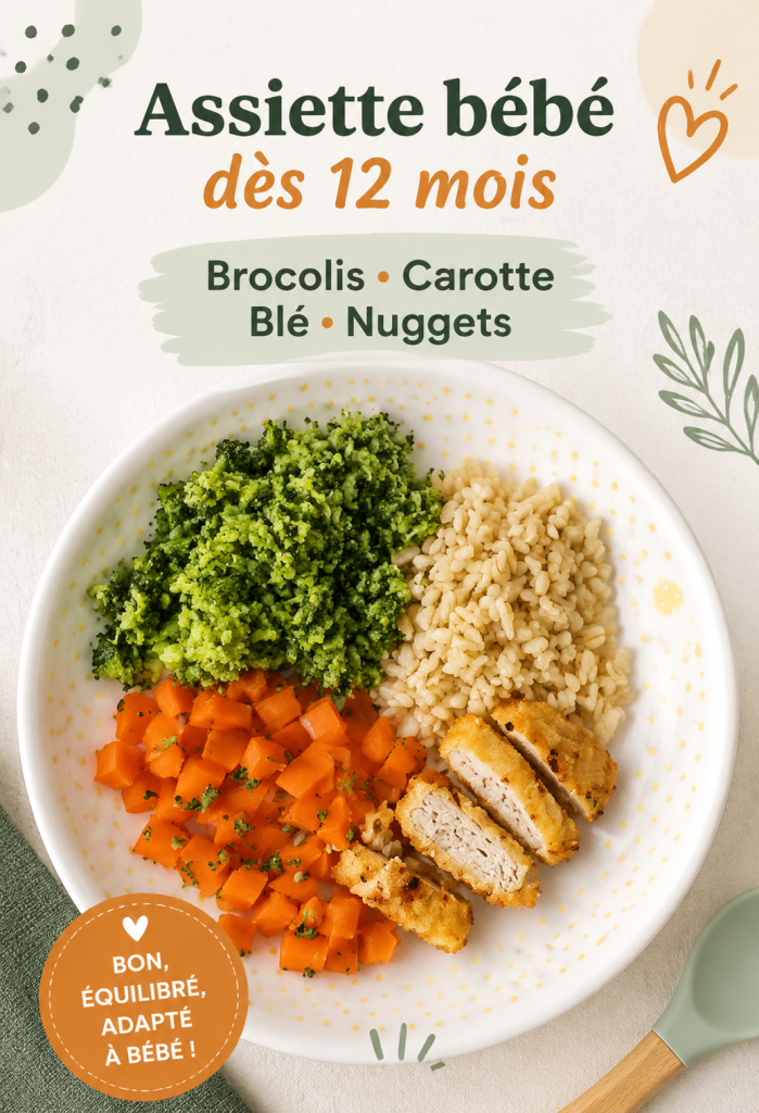 Assiette colorée de brocoli, carottes, blé et nuggets pour bébé