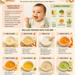 Repas sains pour bébés avec des légumes colorés et des céréales nutritives.
