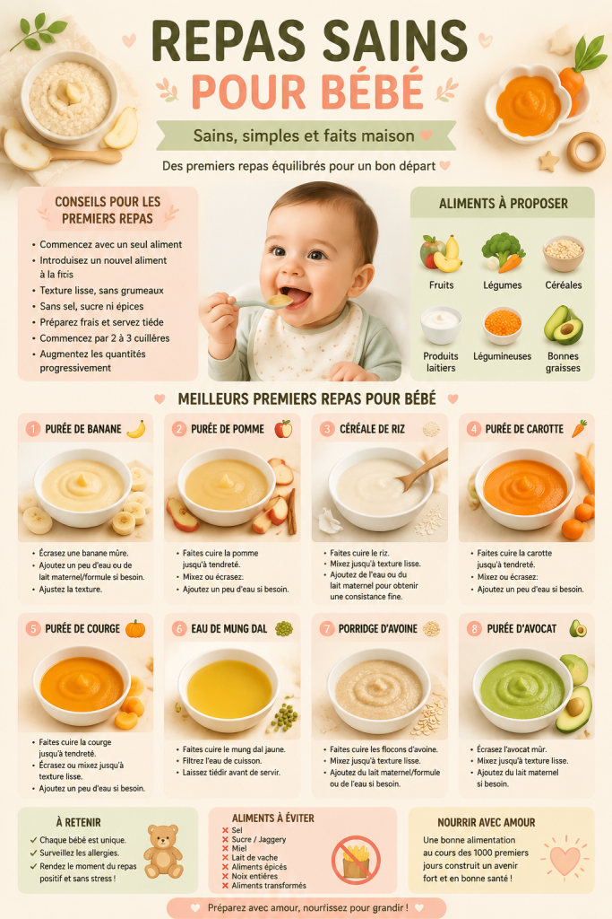 Repas sains pour bébés avec des légumes colorés et des céréales nutritives.