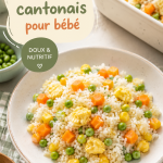 Un plat de riz cantonais coloré adapté pour les bébés, avec des légumes hachés.