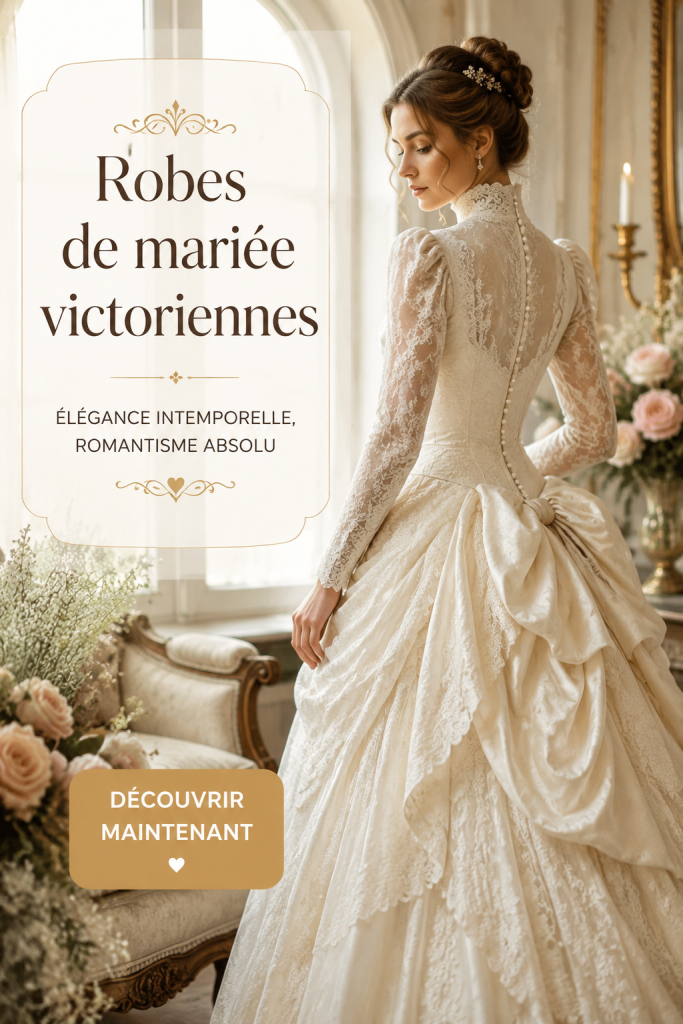Un mannequin portant une robe de mariée victorienne avec corset et jupes bouffantes, montrant l'élégance intemporelle.