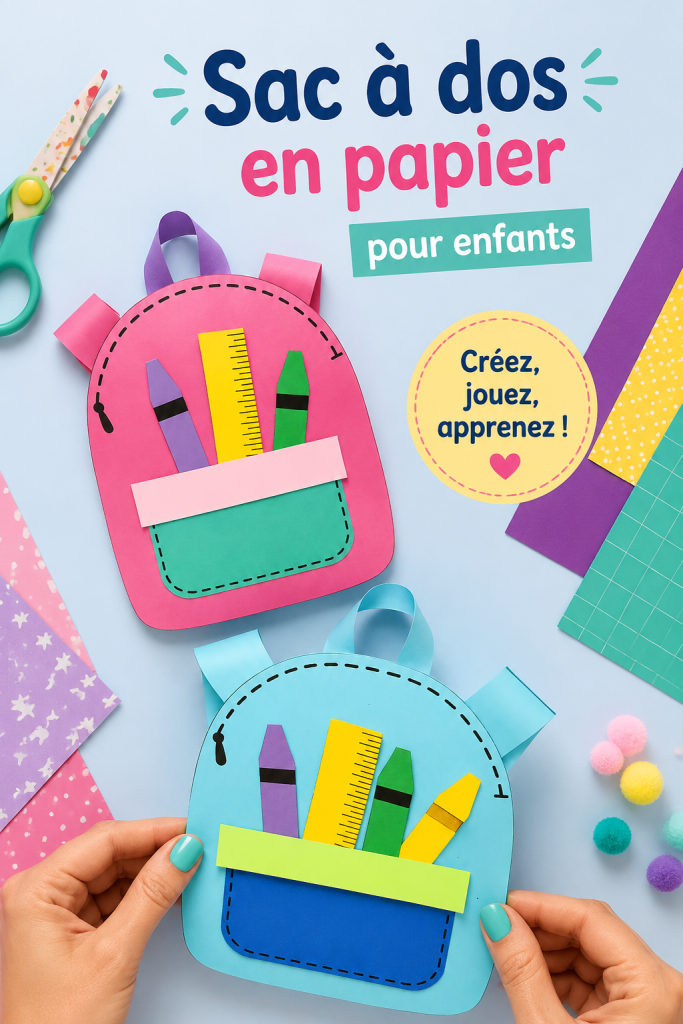 Un sac à dos en papier coloré fabriqué par des enfants.