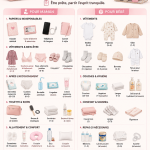Sac de maternité bien préparé avec essentiels pour maman et bébé, incluant vêtements et articles de soin.