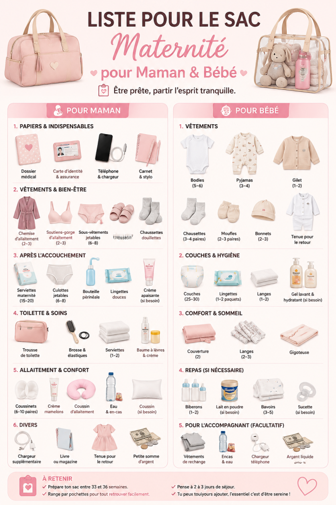 Sac de maternité bien préparé avec essentiels pour maman et bébé, incluant vêtements et articles de soin.