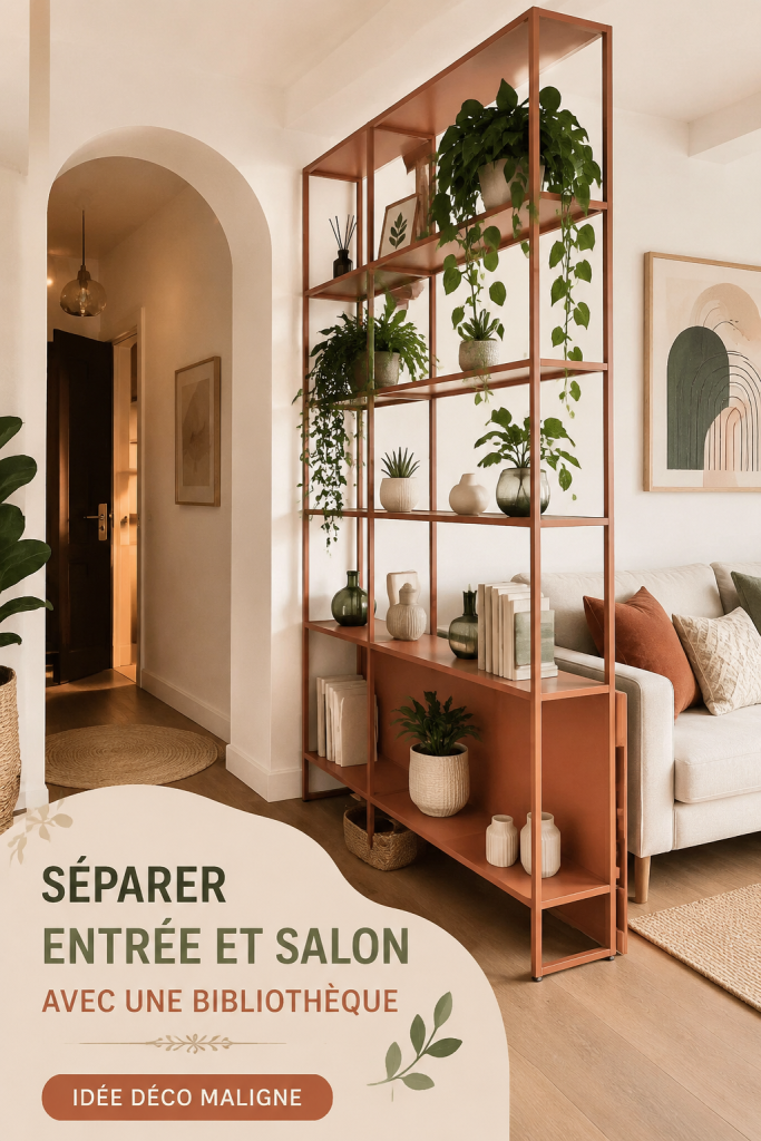 Une belle bibliothèque séparant un salon d'une entrée, apportant style et fonctionnalité.