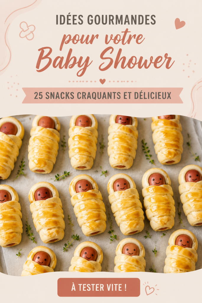 Table décorée avec des snacks variés pour une Baby Shower, incluant des mini-sandwiches et des cupcakes colorés.